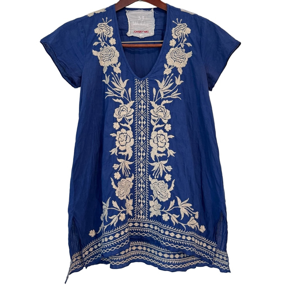 Women's Johnny Was J3 Workshop Tunic Top Size XS Blue White Floral Embroidered